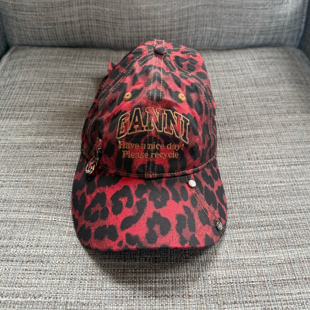 Ganni Red and Black Leopard-Print Baseball Cap with Hardware